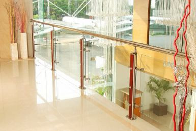 2" dia Stainless Steel Top Rail with Natural Wooden Balustrade and 10 mm Toughened Glass 2" dia Stainless Steel Top Rail with Natural Wooden Balustrade and 10 mm Toughened Glass