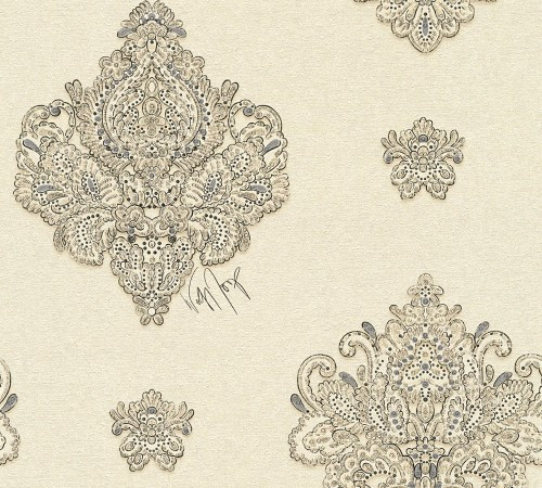 Kind of White Classic Damask Wall Paper Beige Black Grey 339282