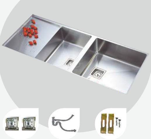 1210 mm x 510 mm Jazz Hand Made Double Bowl Sink with Drain Board Satin Finish B4714502