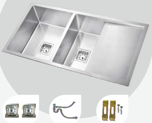 1000 mm x 500 mm Selena Hand Made Double Bowl Sink with Drain Board Satin Finish B4714501