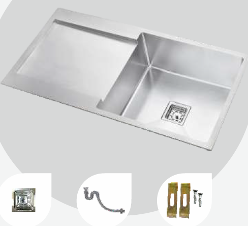 1000 mm x 500 mm Nova Hand Made Single Bowl Sink with Drain Board Satin Finish B4712502