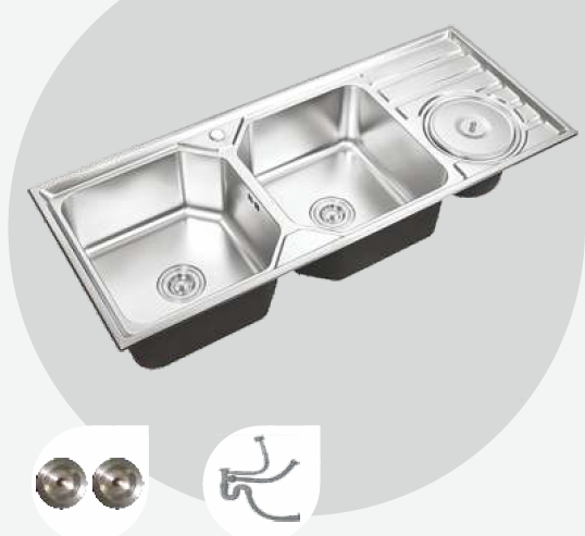 1200 mm x 500 mm Naomi Double Bowl Sink with Drain Board and Waste Bin Pearl Finish B4724501