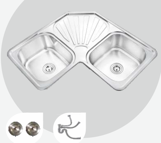 900 mm x 900 mm Nico Double Bowl Sink with Corner Drain Board Satin Finish B4724503