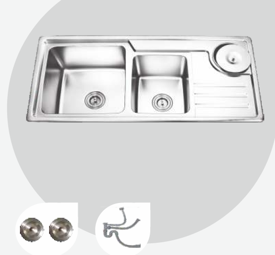 1100 mm x 500 mm Falcon Double Bowl Sink with Drain Board and Waste Bin Satin Finish B4724502
