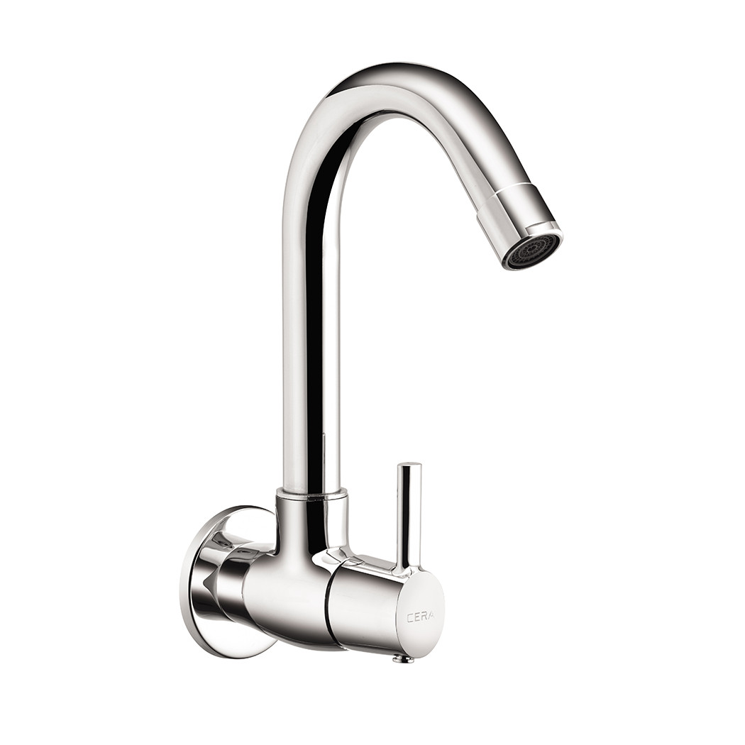 Ripple Sink Cock with 6.5" Long Swivel Spout and Wall Flange Chrome-F1017251