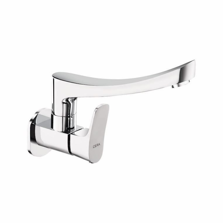 Perla Sink Cock with 8" Long Swivel Spout and Wall Flange Chrome-F1012261