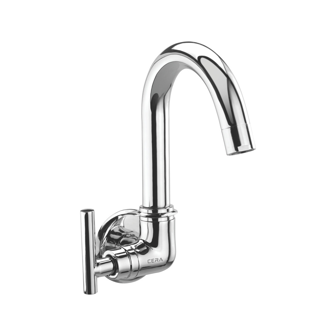 Dew Sink Cock with 6” Long Swivel Spout, Wall Flange and Side Handle Chrome-F2003252