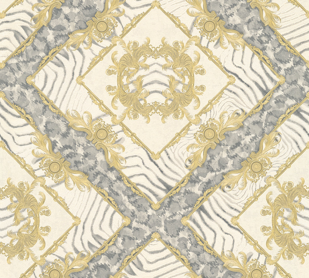 Versace III Young and Contemporary Classic Damask Wall Paper Beige Grey Metallic 349042